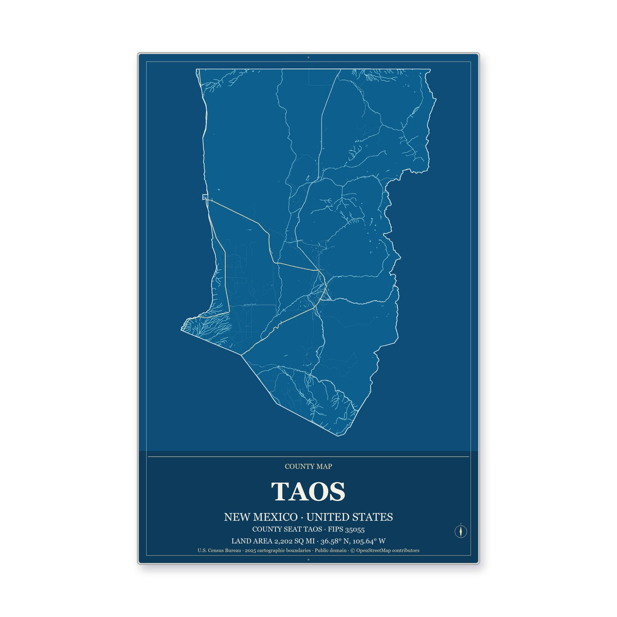 Taos County, New Mexico Map Aluminum Sign in Harbor Cobalt style