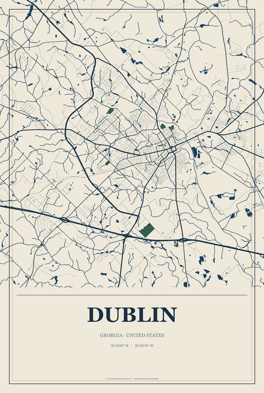 Dublin, Georgia City Map Aluminum Sign in Coastal Cutout style
