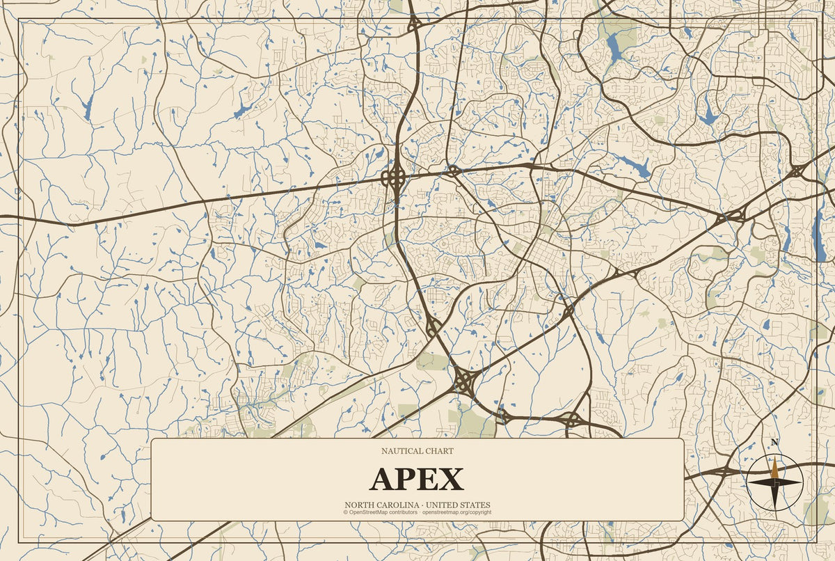 Apex, North Carolina City Map Aluminum Sign in Heritage Nautical style