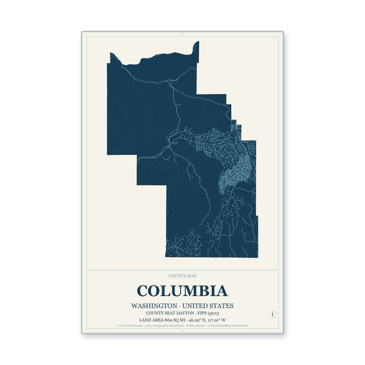 Columbia County, Washington Map Aluminum Sign in Coastal Cutout style