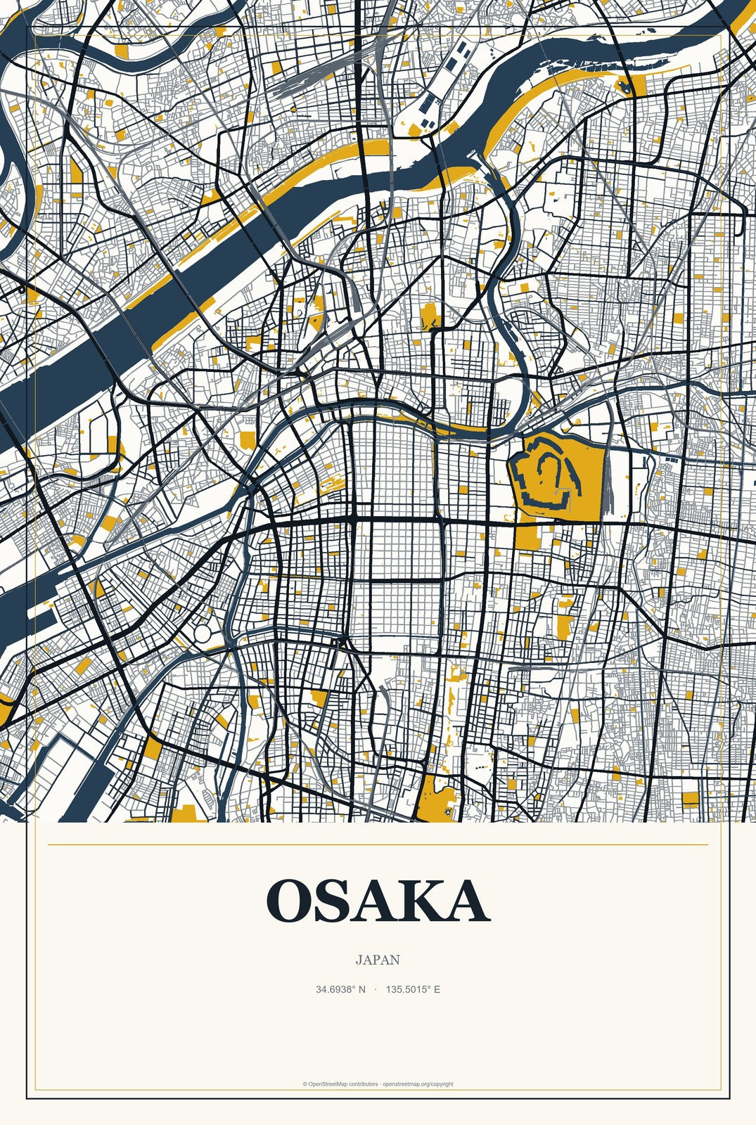Osaka, Japan City Map Aluminum Sign in Citrine Modern style