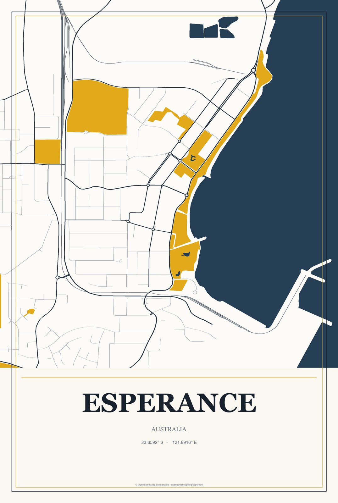 Esperance, Australia City Map Aluminum Sign in Citrine Modern style
