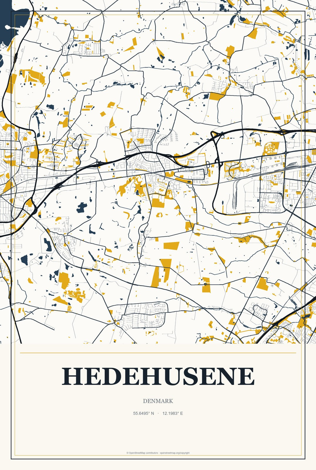 Hedehusene, Denmark City Map Aluminum Sign in Citrine Modern style