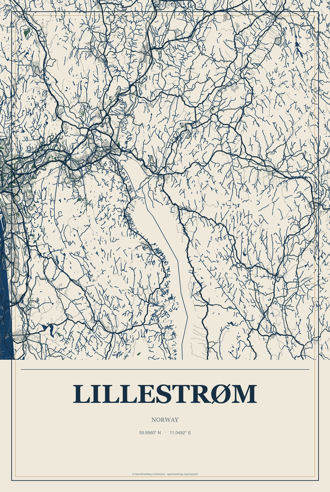 Lillestrøm, Norway City Map Aluminum Sign in Coastal Cutout style