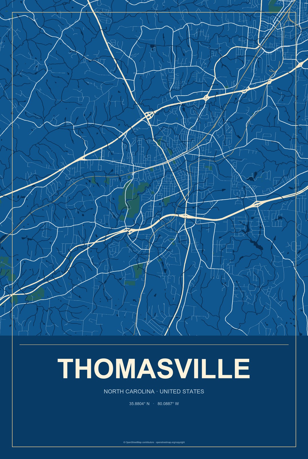 Thomasville, North Carolina City Map Aluminum Sign in Harbor Cobalt style