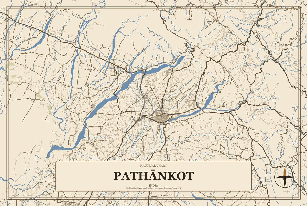 Pathānkot, India City Map Aluminum Sign in Heritage Nautical style