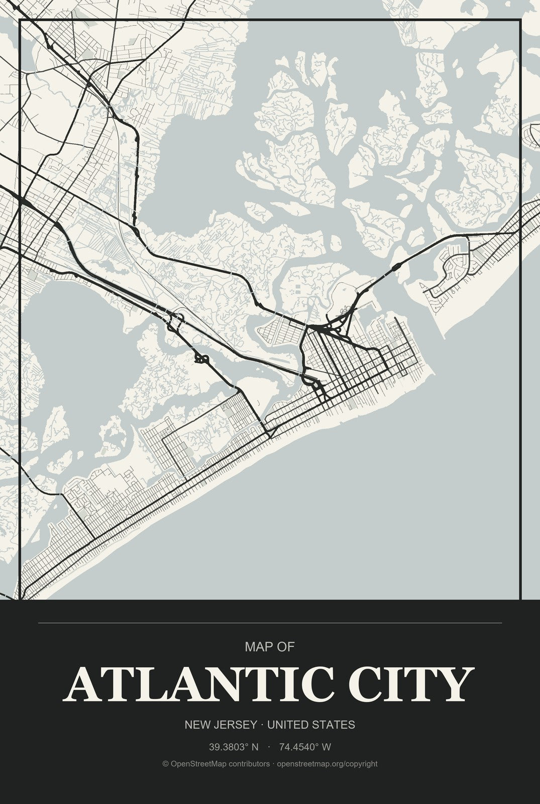 Atlantic City, New Jersey City Map Aluminum Sign in Museum Plaque style