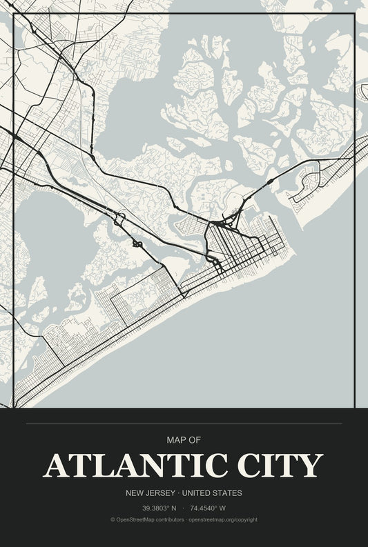 Atlantic City, New Jersey City Map Aluminum Sign in Museum Plaque style