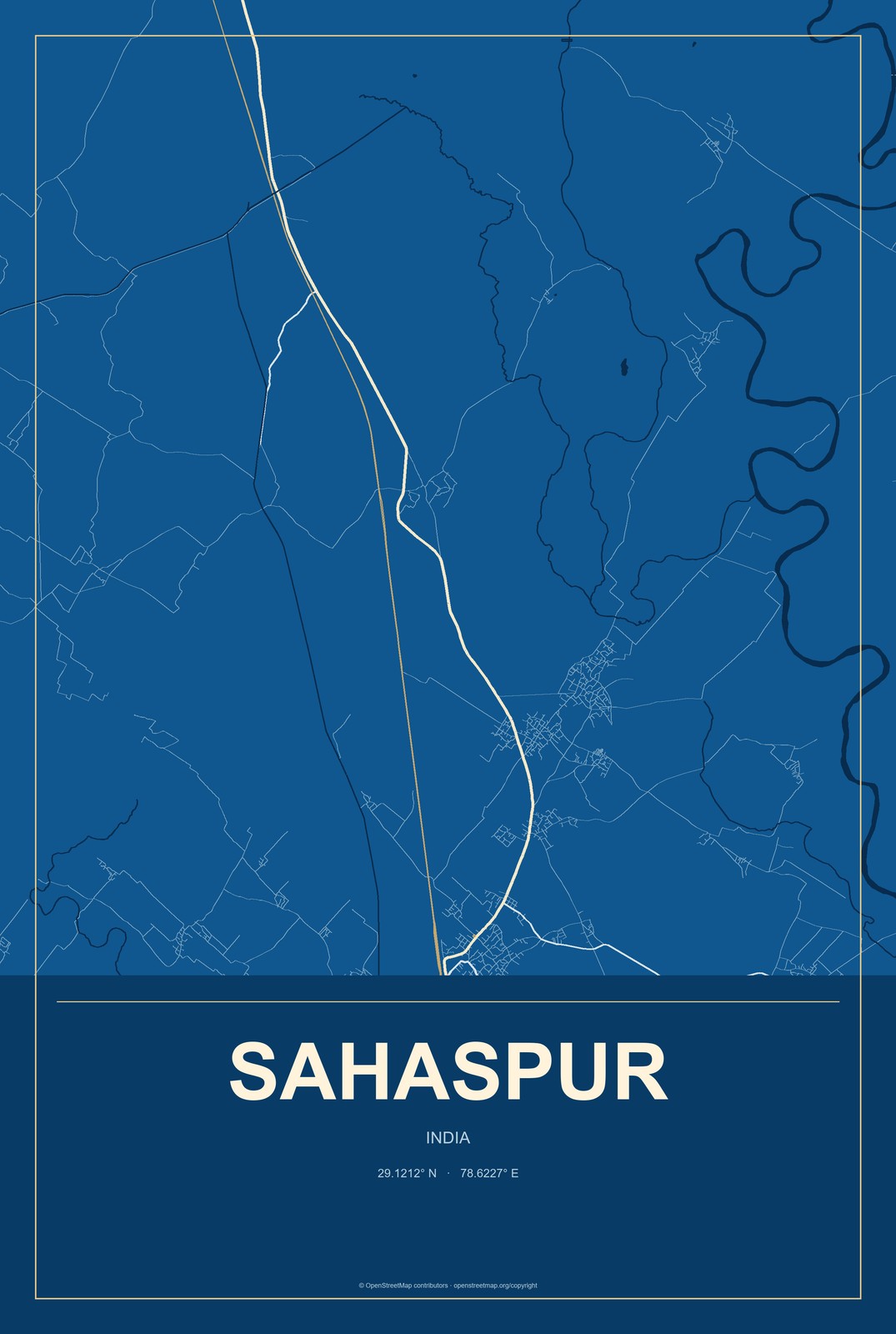 Sahaspur, India City Map Aluminum Sign in Harbor Cobalt style
