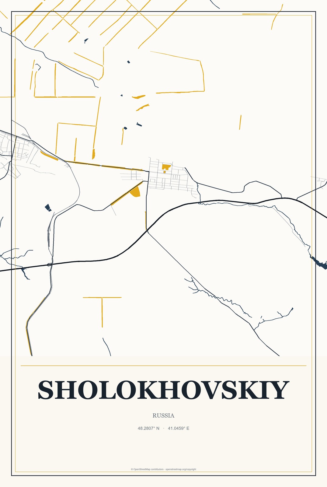Sholokhovskiy, Russia City Map Aluminum Sign in Citrine Modern style
