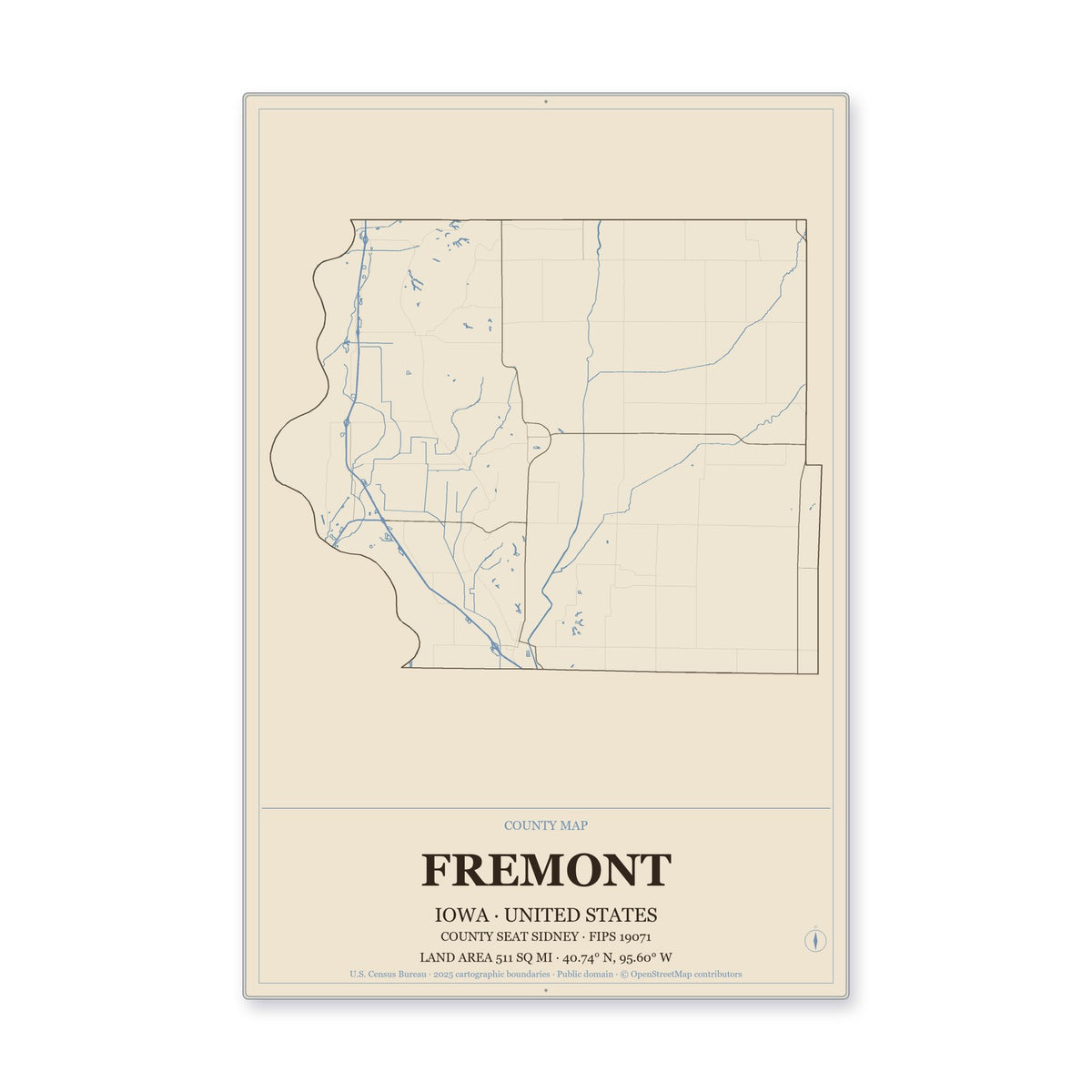 Fremont County, Iowa Map Aluminum Sign in Heritage Nautical style