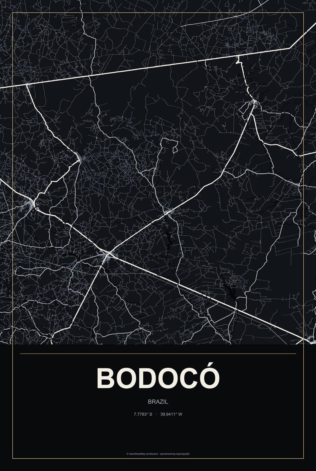 Bodocó, Brazil City Map Aluminum Sign in Metropolitan Noir style