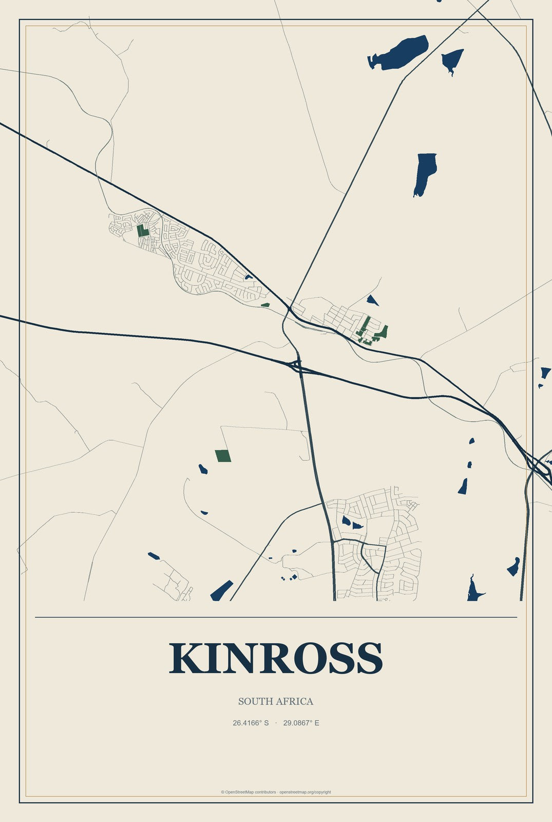 Kinross, South Africa City Map Aluminum Sign in Coastal Cutout style