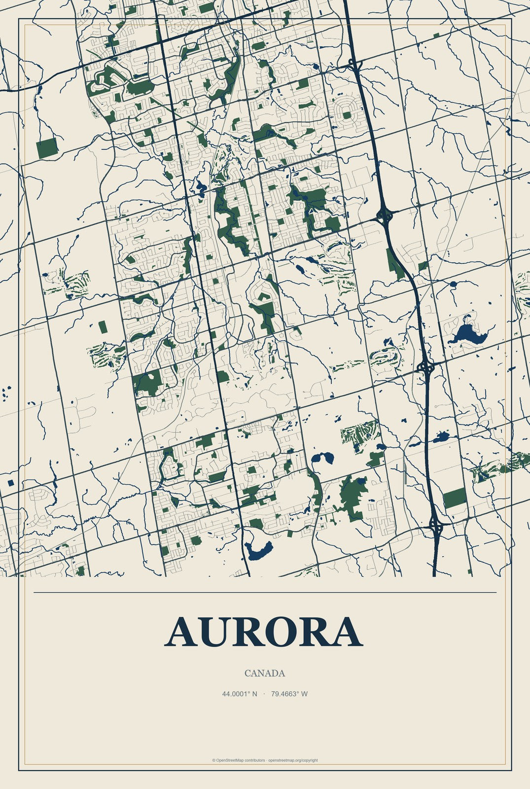 Aurora, Canada City Map Aluminum Sign in Coastal Cutout style