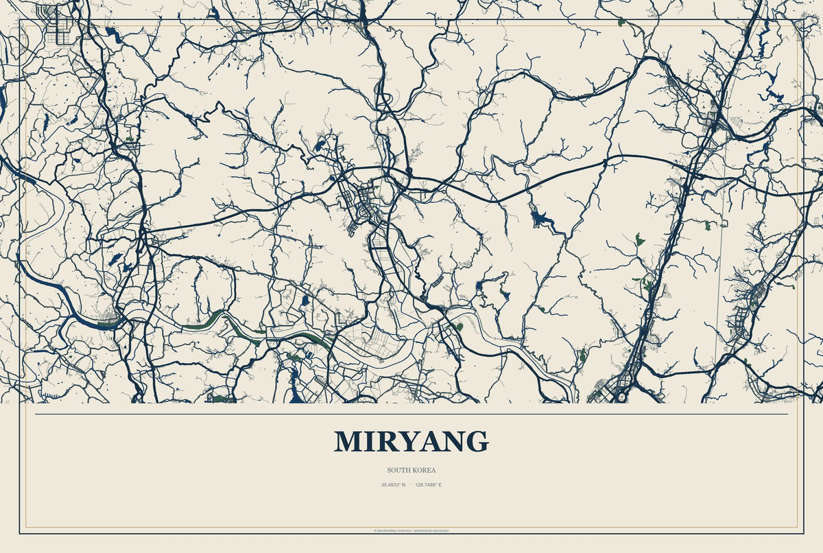 Miryang, South Korea City Map Aluminum Sign in Coastal Cutout style