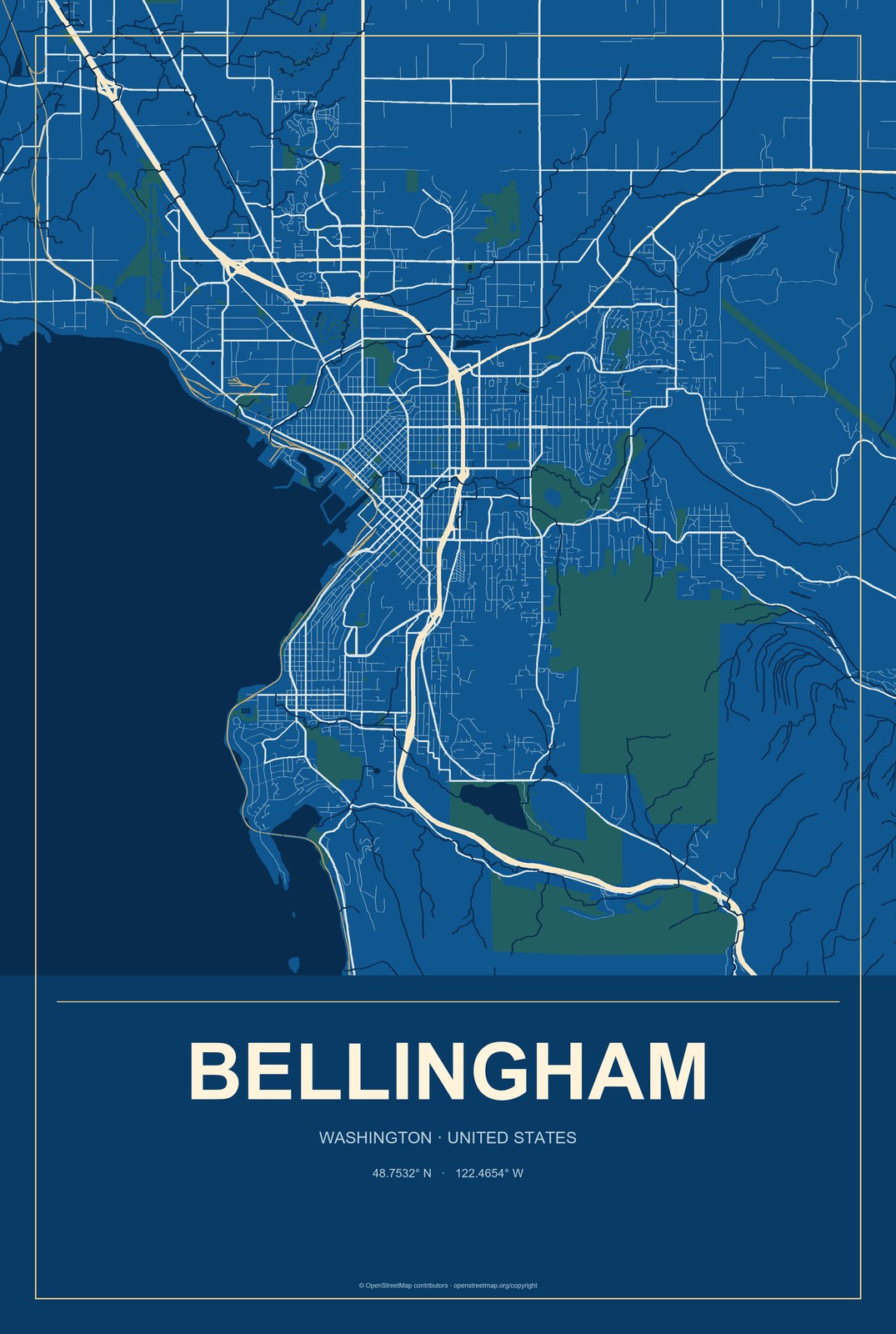 Bellingham, Washington City Map Aluminum Sign in Harbor Cobalt style