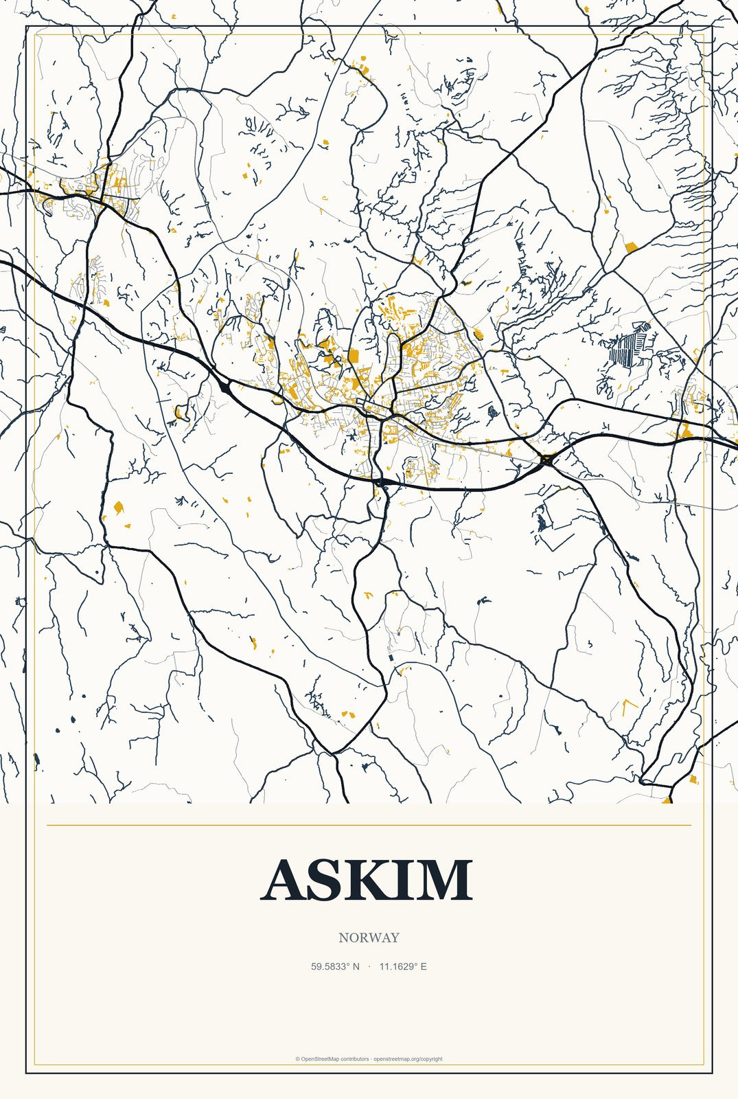 Askim, Norway City Map Aluminum Sign in Citrine Modern style