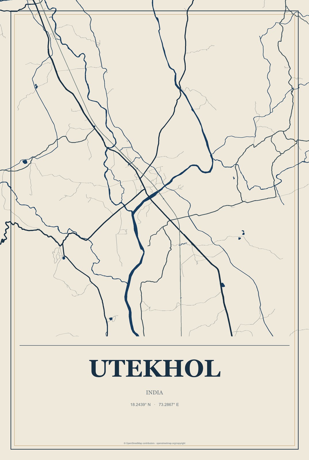 Utekhol, India City Map Aluminum Sign in Coastal Cutout style