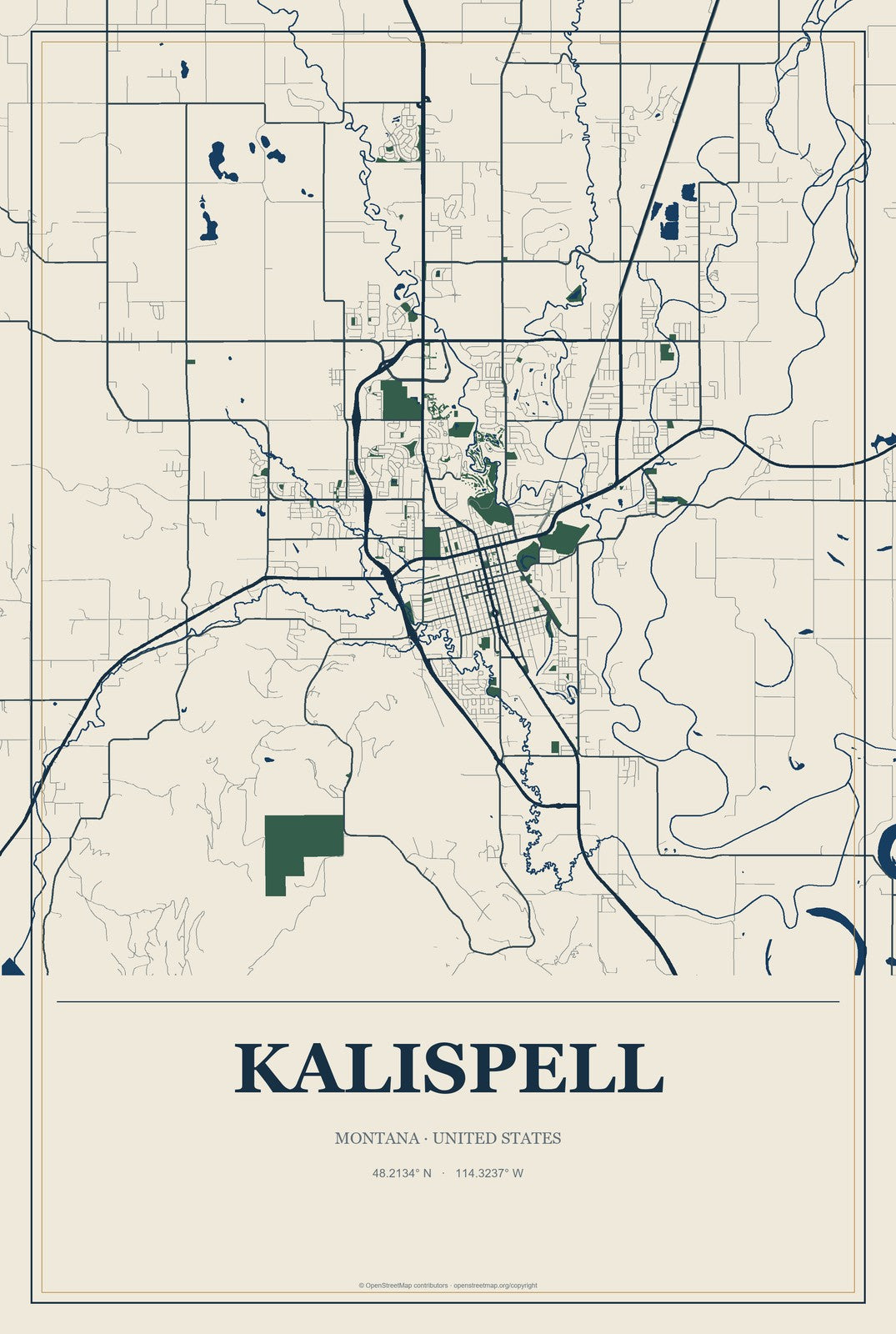 Kalispell, Montana City Map Aluminum Sign in Coastal Cutout style