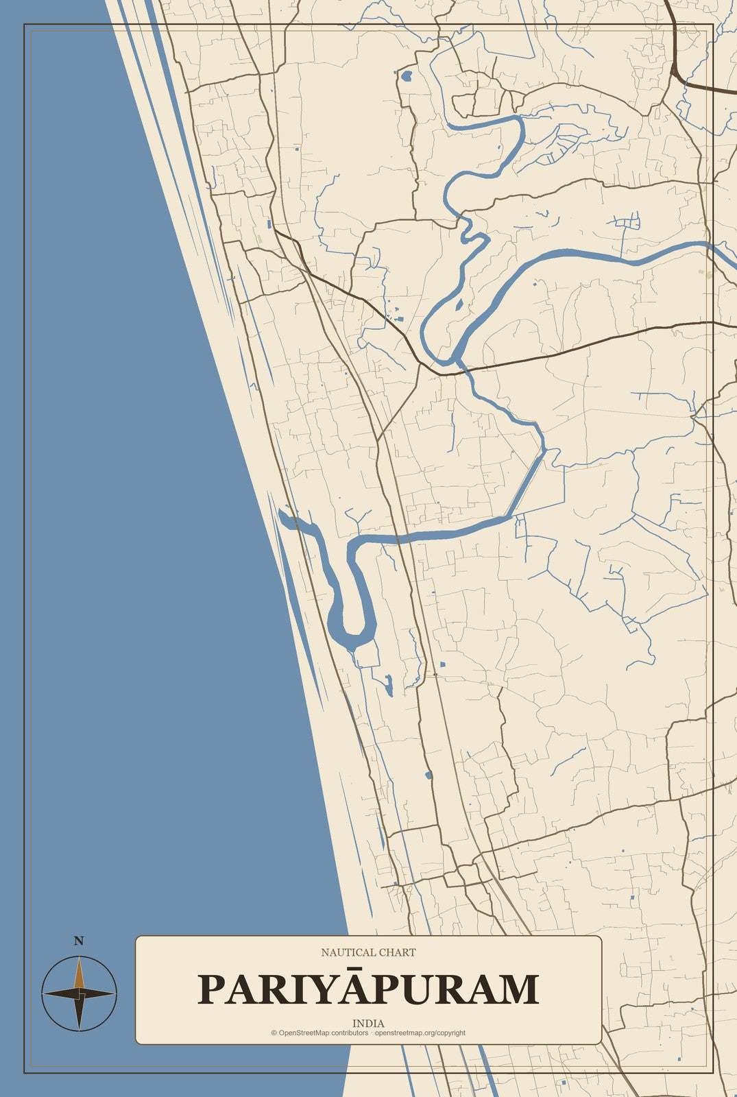 Pariyāpuram, India City Map Aluminum Sign in Heritage Nautical style