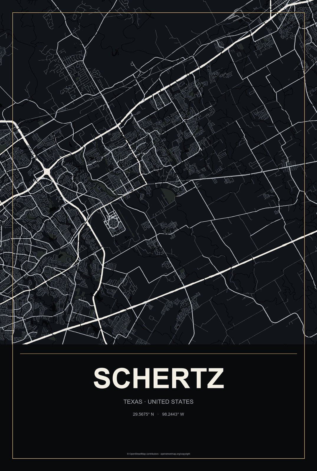 Schertz, Texas City Map Aluminum Sign in Metropolitan Noir style