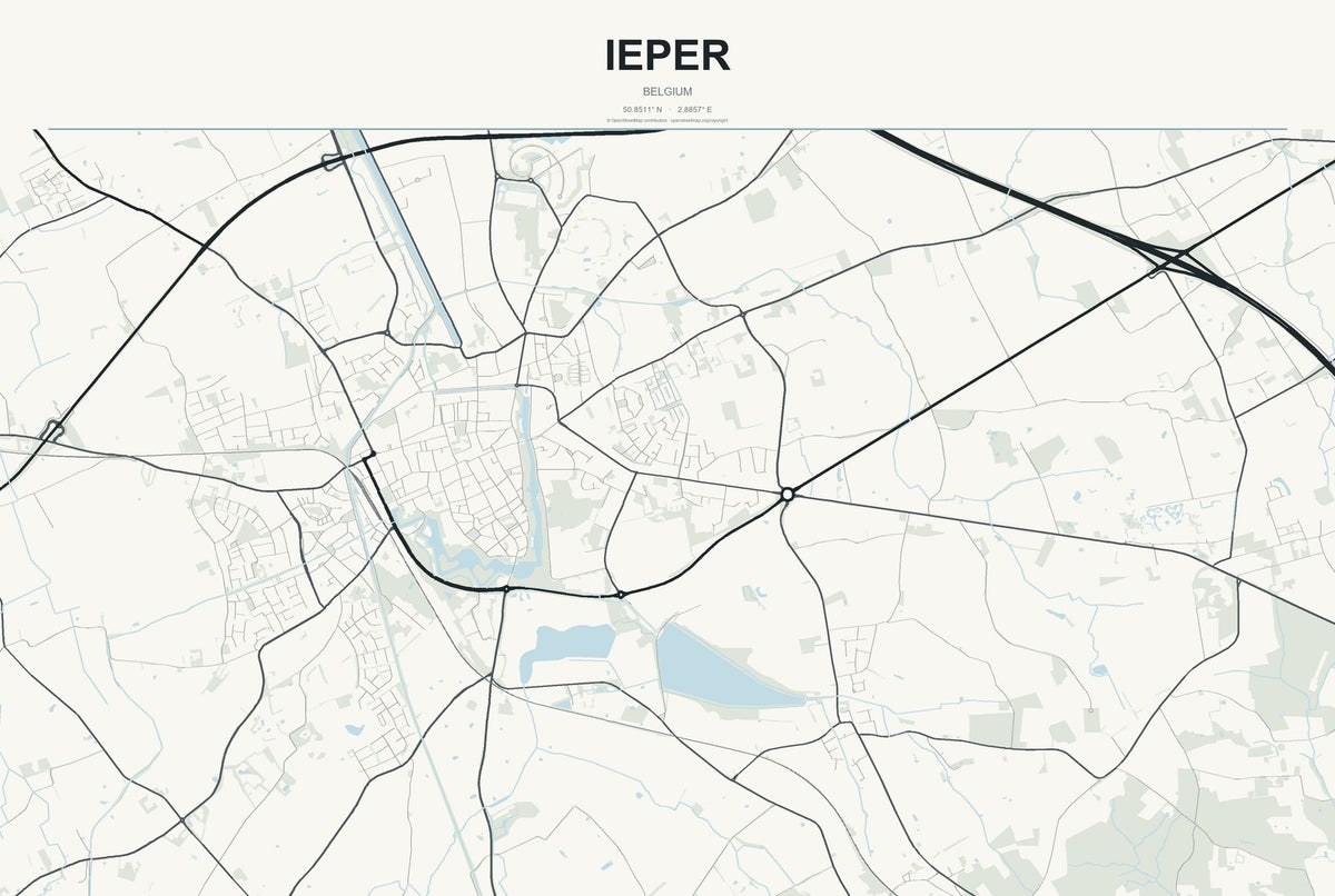Ieper, Belgium City Map Aluminum Sign in Headline Atlas style