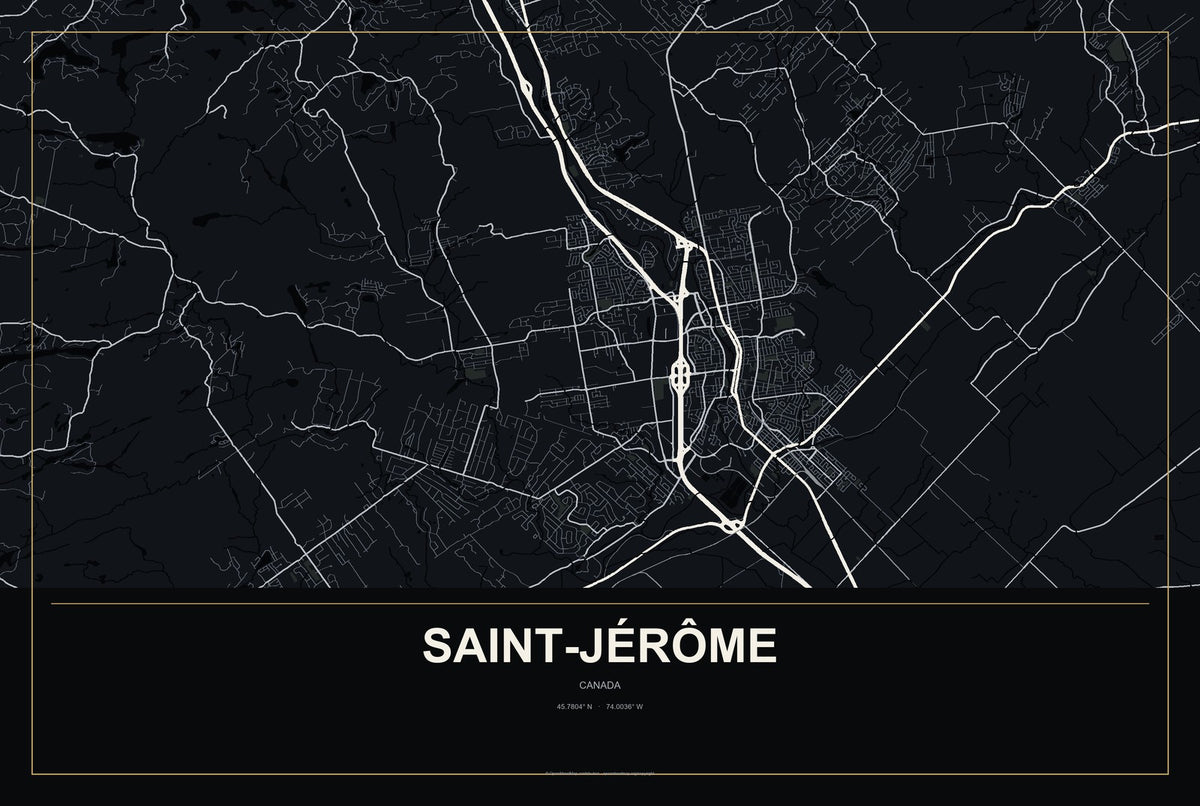 Saint-Jérôme, Canada City Map Aluminum Sign in Metropolitan Noir style