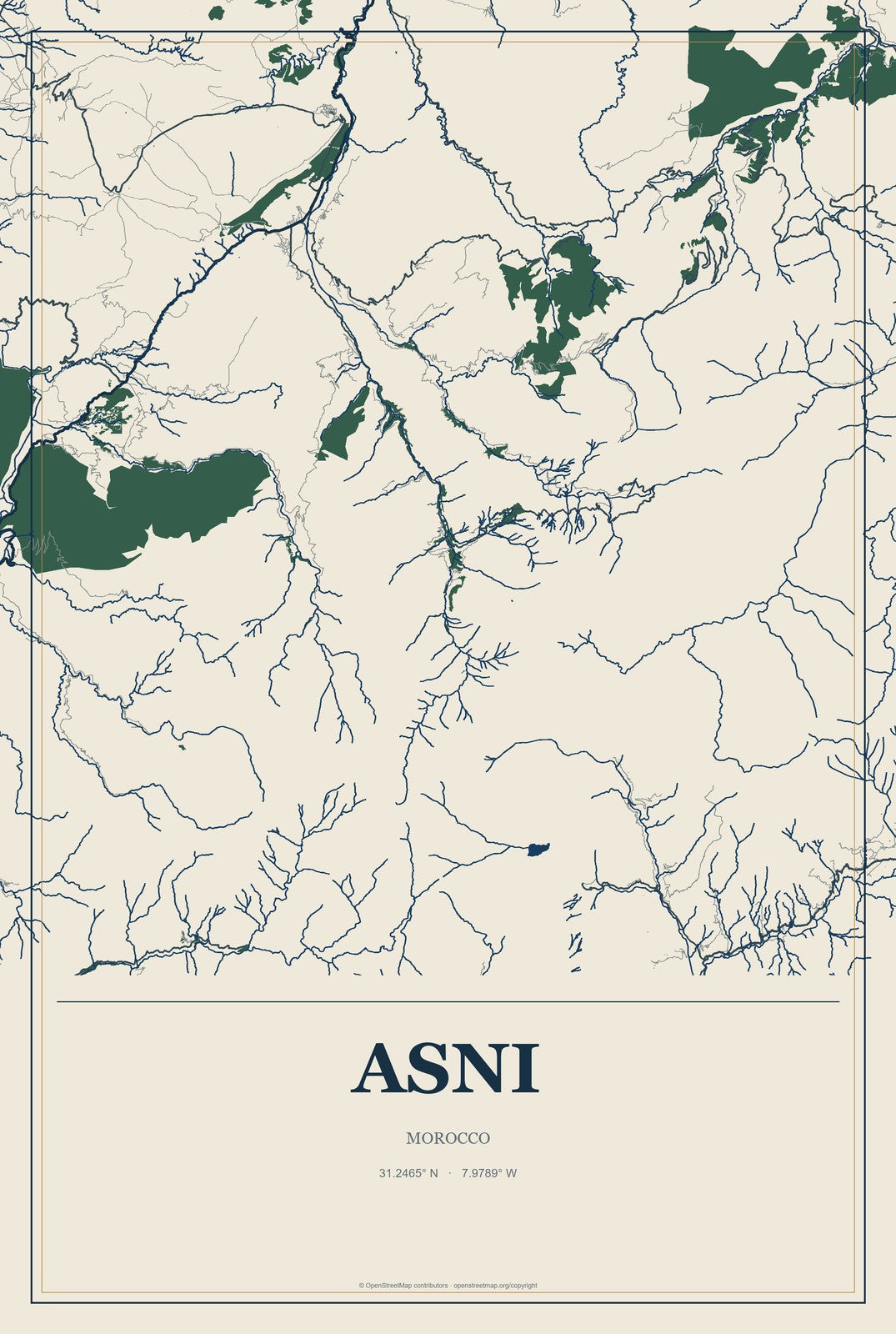 Asni, Morocco City Map Aluminum Sign in Coastal Cutout style