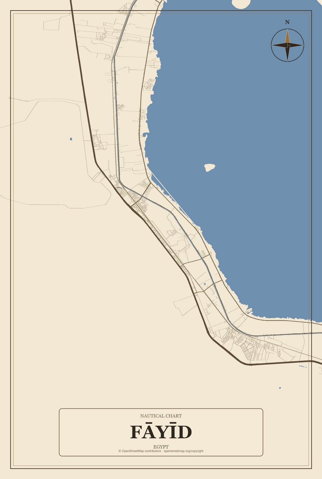 Fāyīd, Egypt City Map Aluminum Sign in Heritage Nautical style