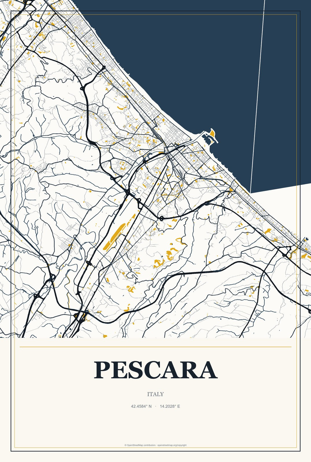 Pescara, Italy City Map Aluminum Sign in Citrine Modern style