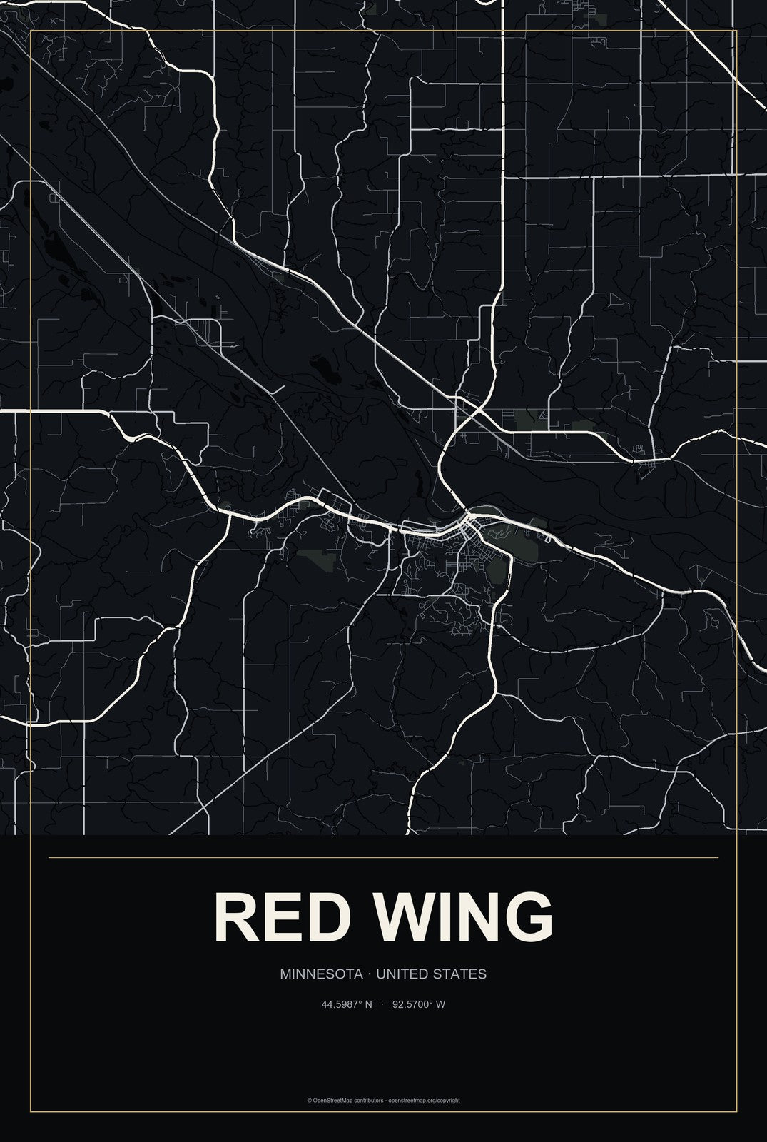 Red Wing, Minnesota City Map Aluminum Sign in Metropolitan Noir style