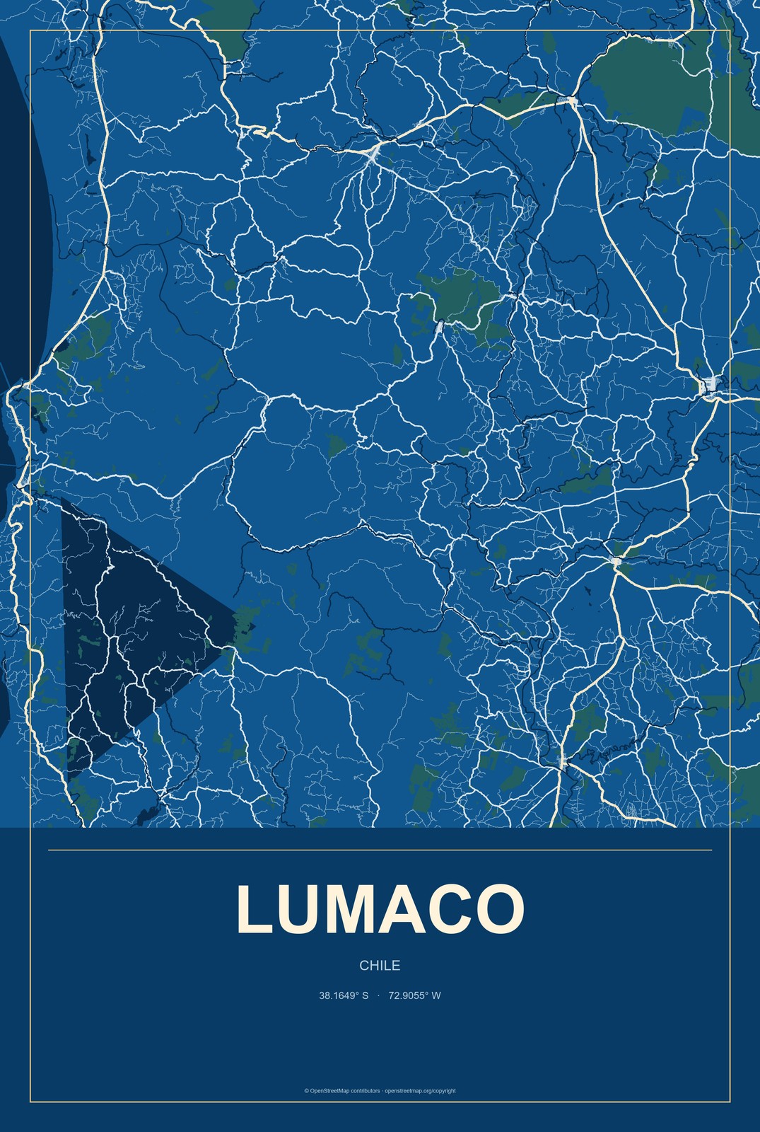 Lumaco, Chile City Map Aluminum Sign in Harbor Cobalt style
