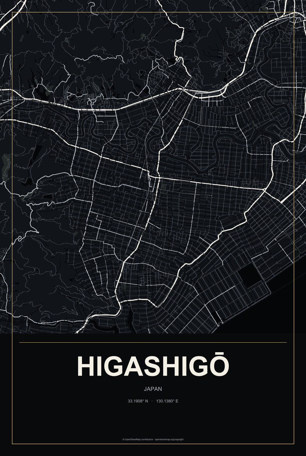 Higashigō, Japan City Map Aluminum Sign in Metropolitan Noir style