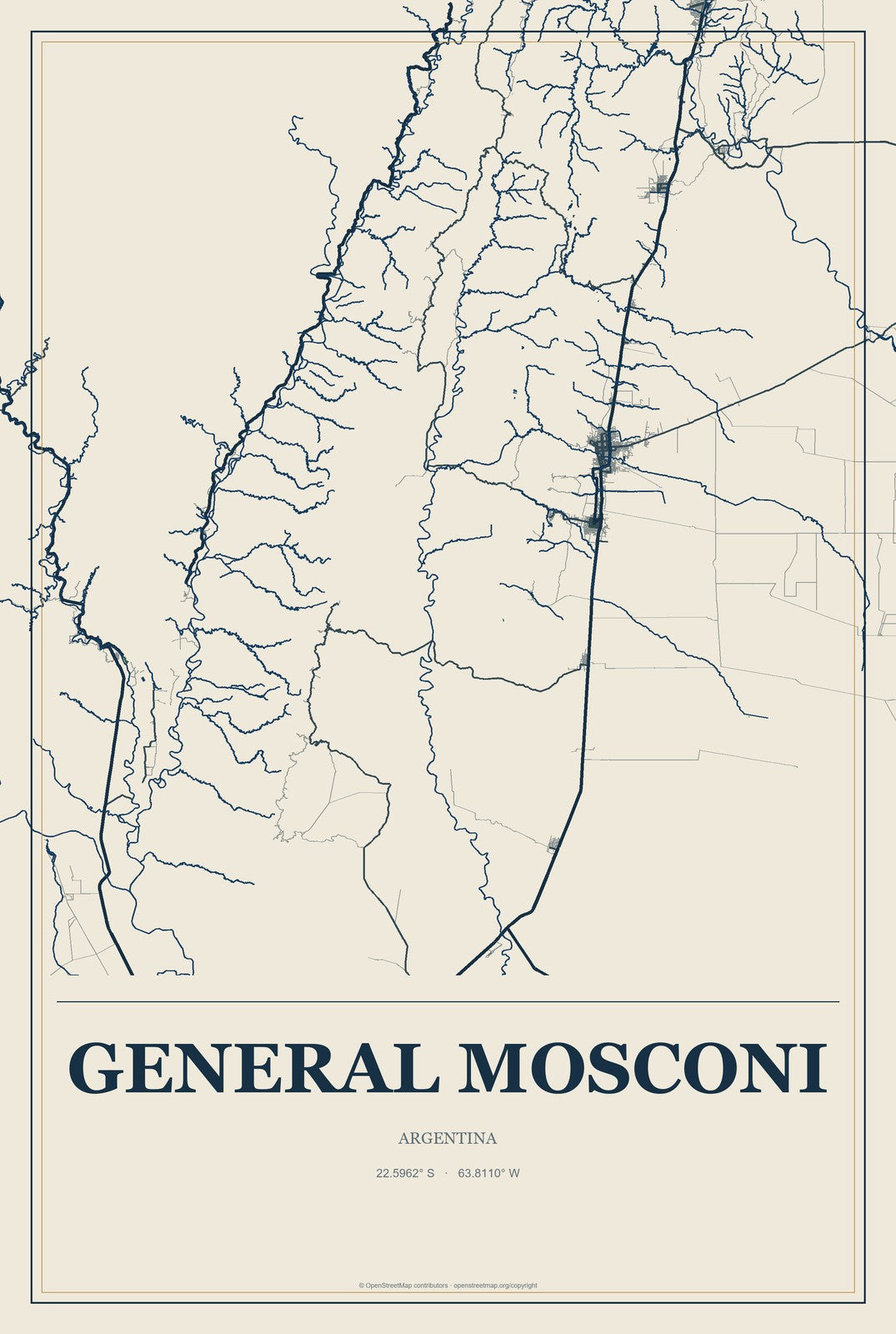 General Mosconi, Argentina City Map Aluminum Sign in Coastal Cutout style
