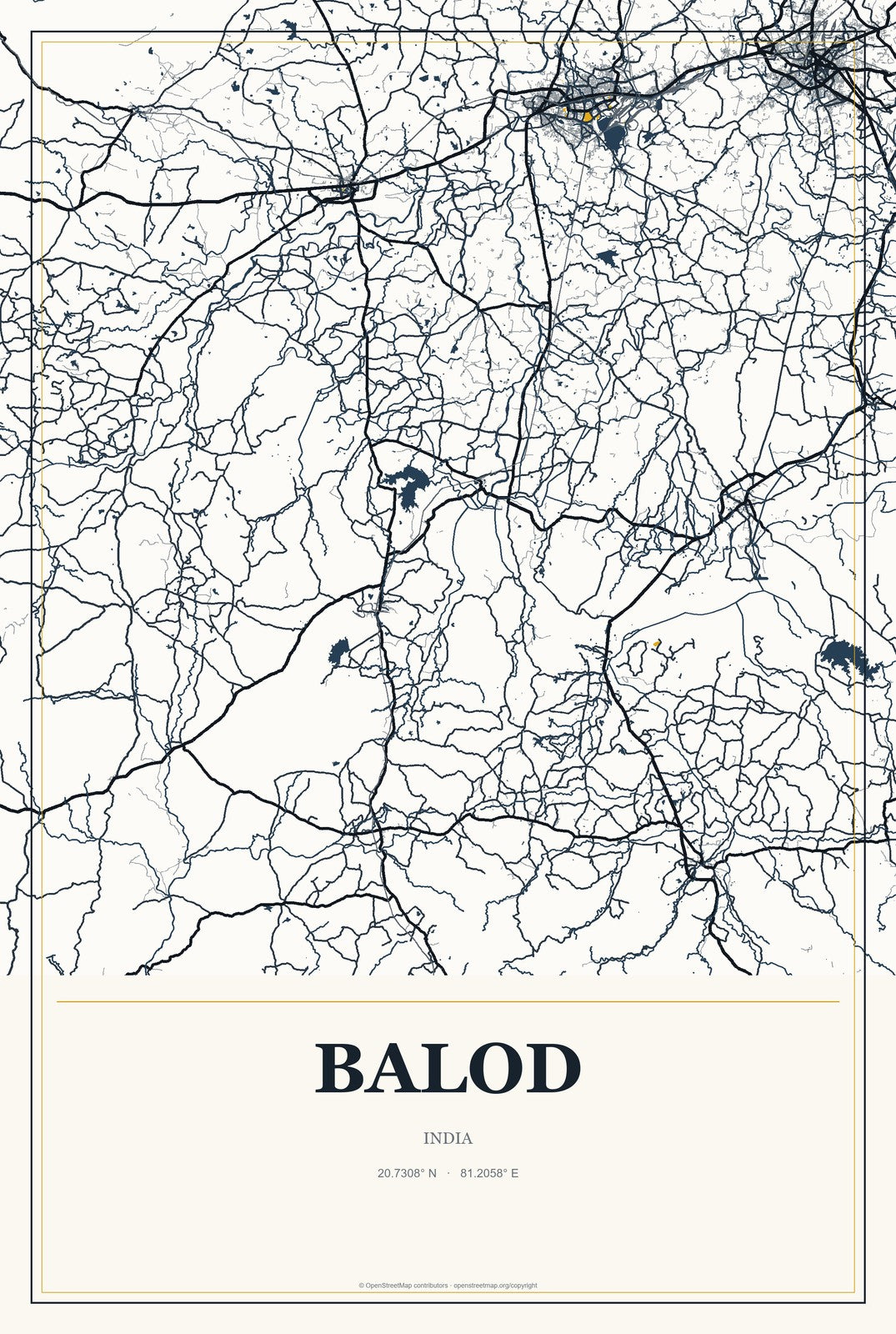 Balod, India City Map Aluminum Sign in Citrine Modern style