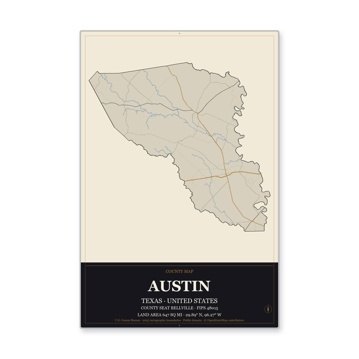 Austin County, Texas Map Aluminum Sign in Museum Plaque style