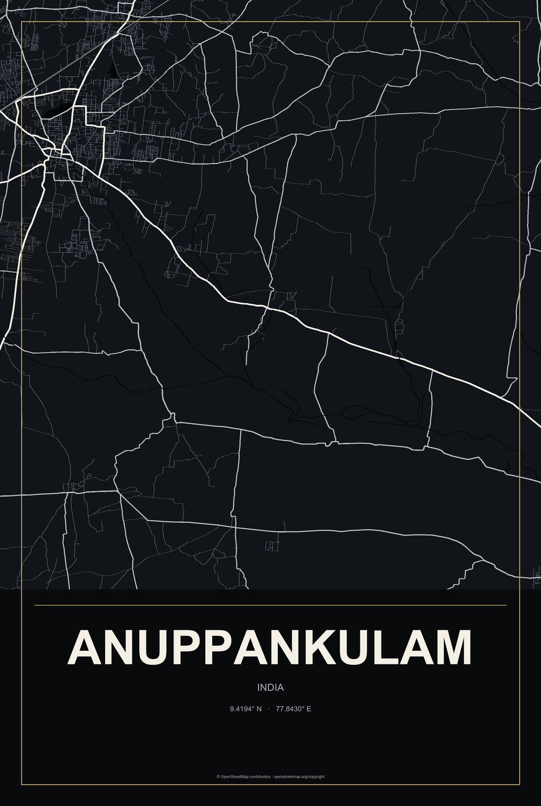 Anuppankulam, India City Map Aluminum Sign in Metropolitan Noir style