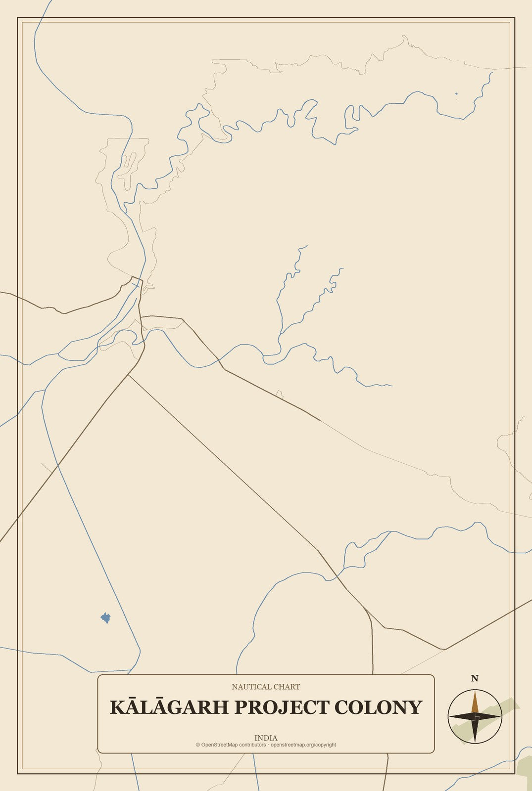 Kālāgarh Project Colony, India City Map Aluminum Sign in Heritage Nautical style