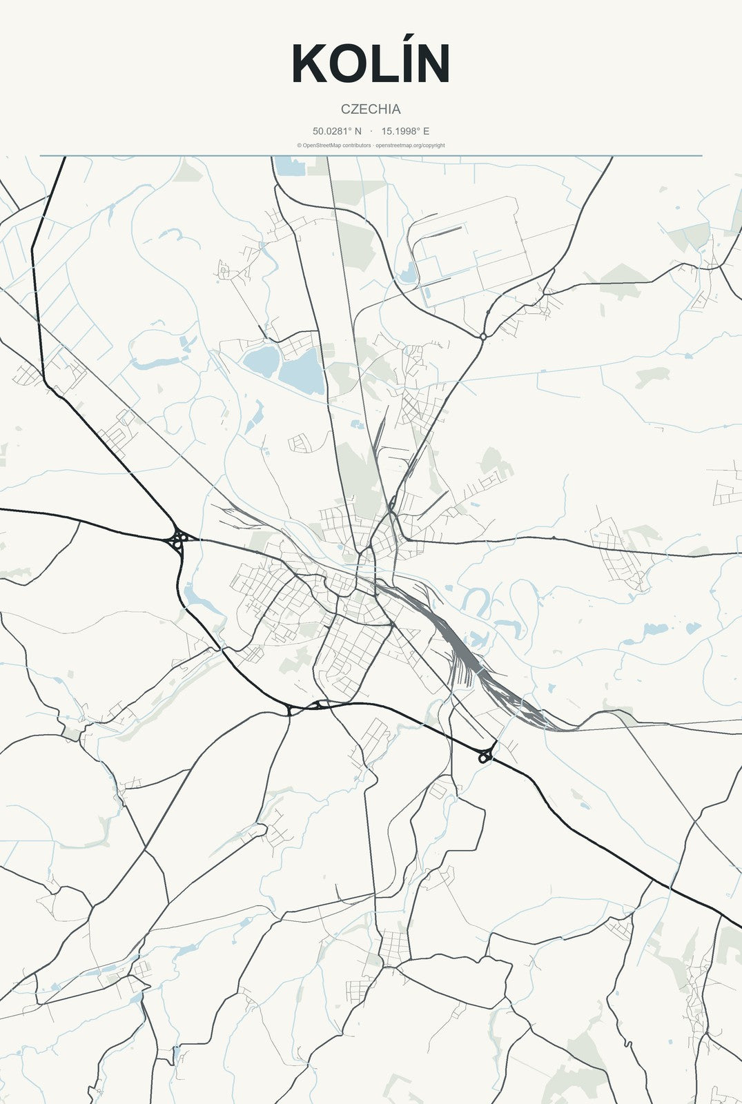 Kolín, Czechia City Map Aluminum Sign in Headline Atlas style
