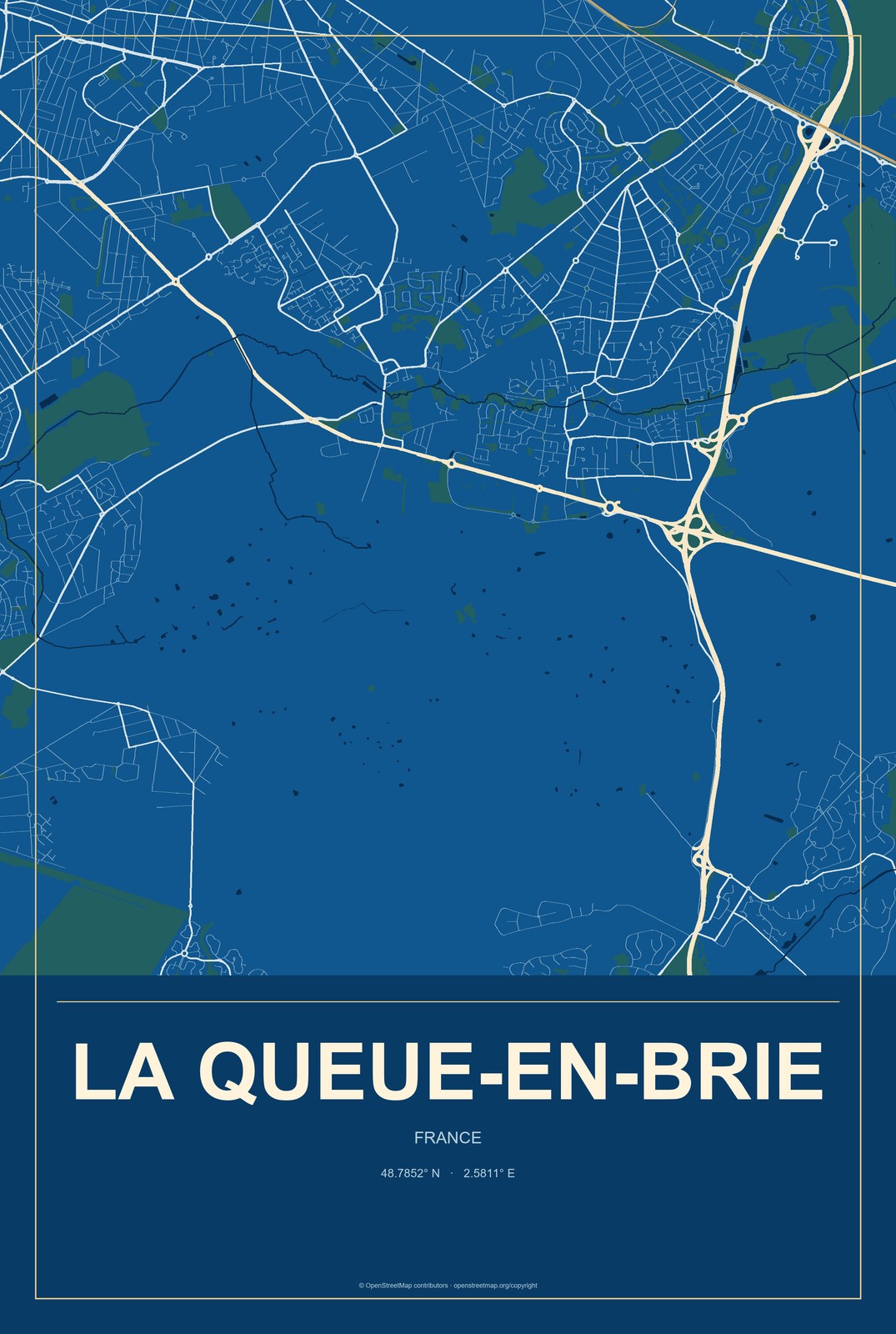 La Queue-en-Brie, France City Map Aluminum Sign in Harbor Cobalt style