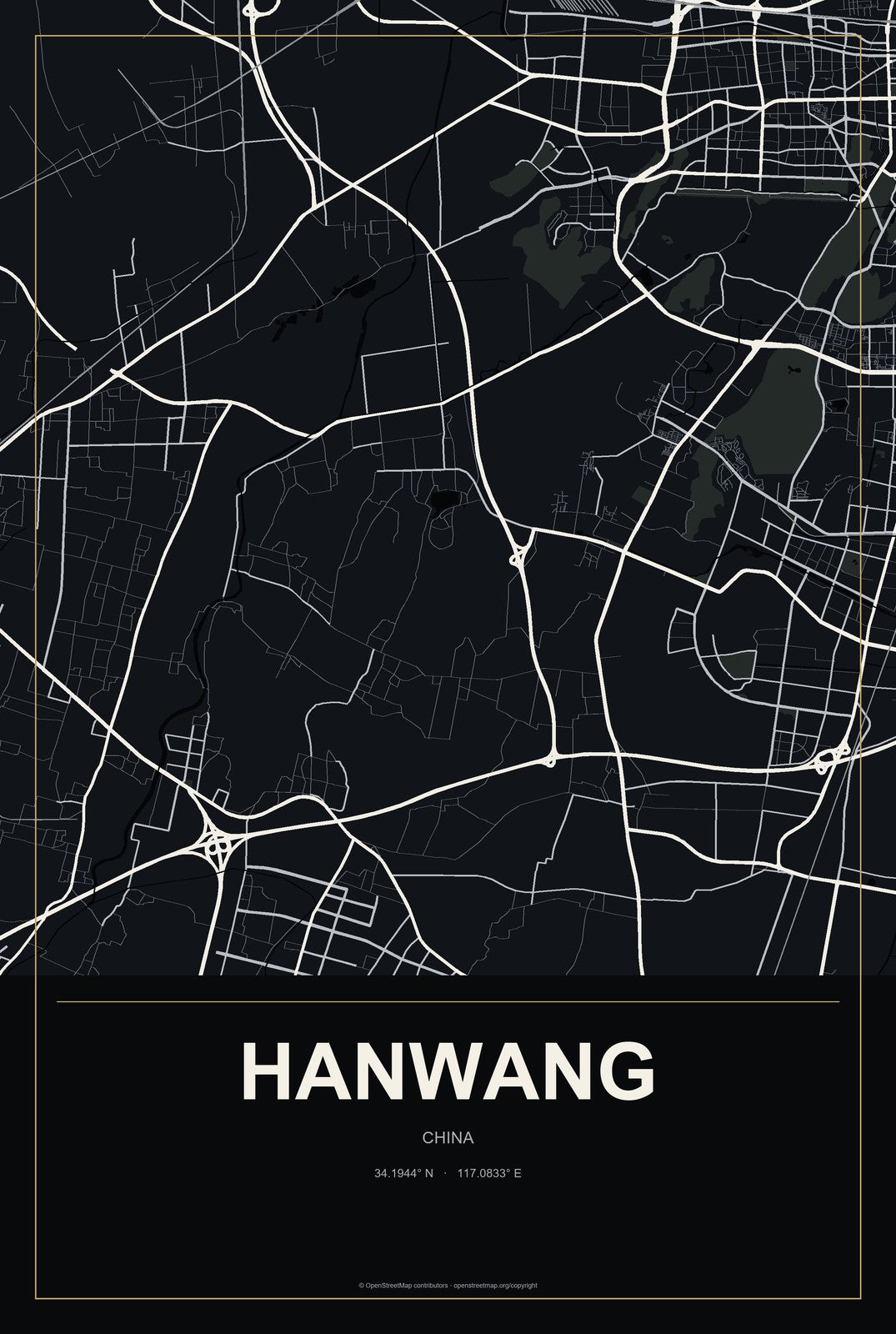 Hanwang, Gansu, China City Map Aluminum Sign in Metropolitan Noir style