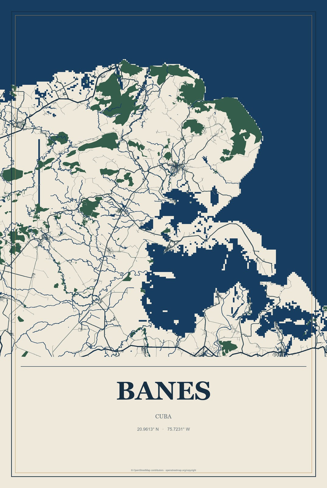 Banes, Cuba City Map Aluminum Sign in Coastal Cutout style