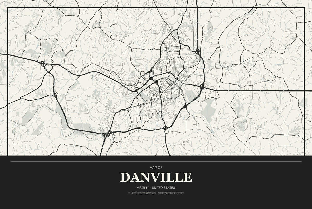 Danville, Virginia City Map Aluminum Sign in Museum Plaque style