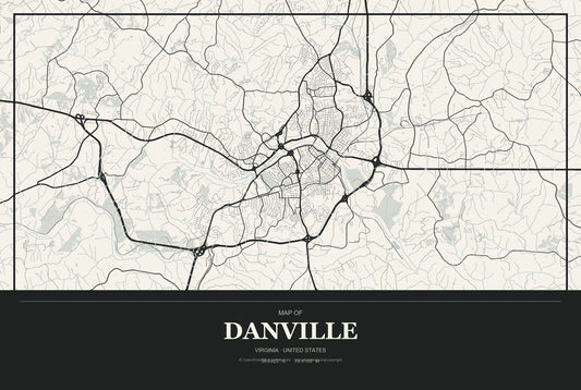 Danville, Virginia City Map Aluminum Sign in Museum Plaque style