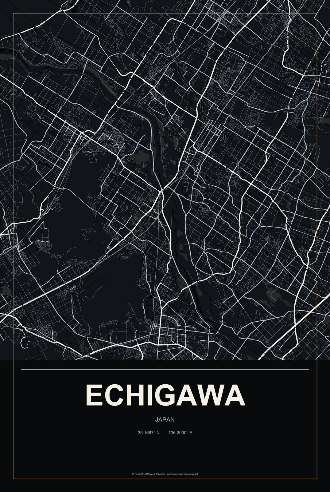 Echigawa, Japan City Map Aluminum Sign in Metropolitan Noir style