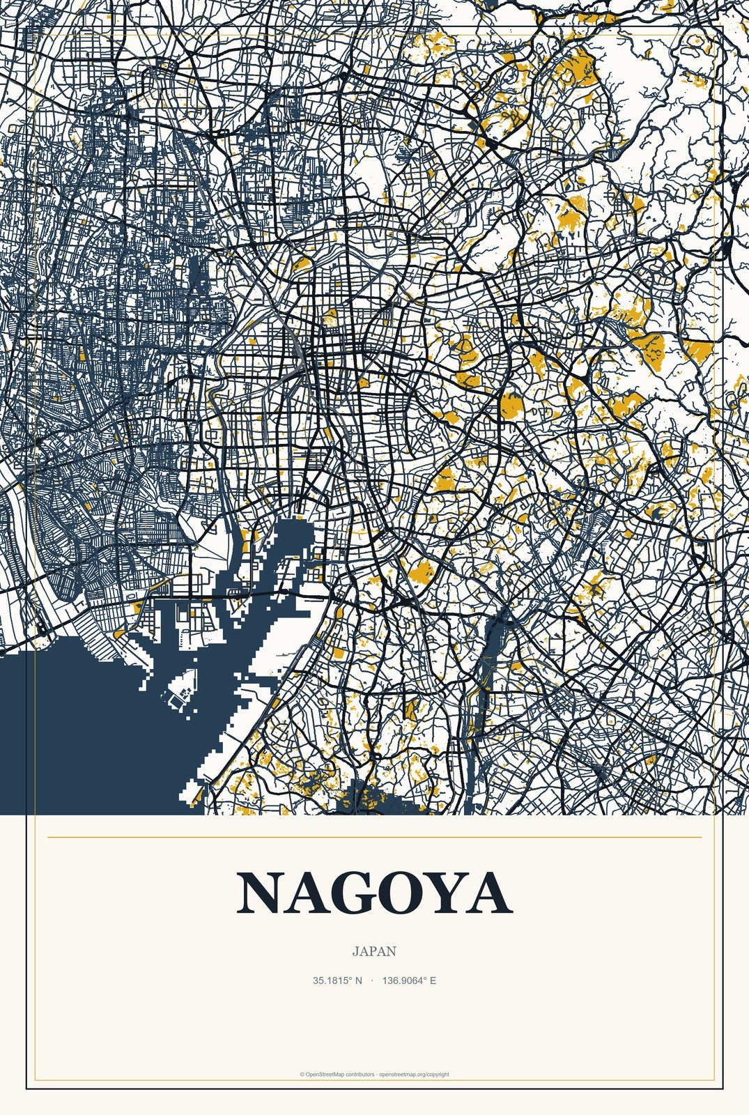 Nagoya, Japan City Map Aluminum Sign in Citrine Modern style