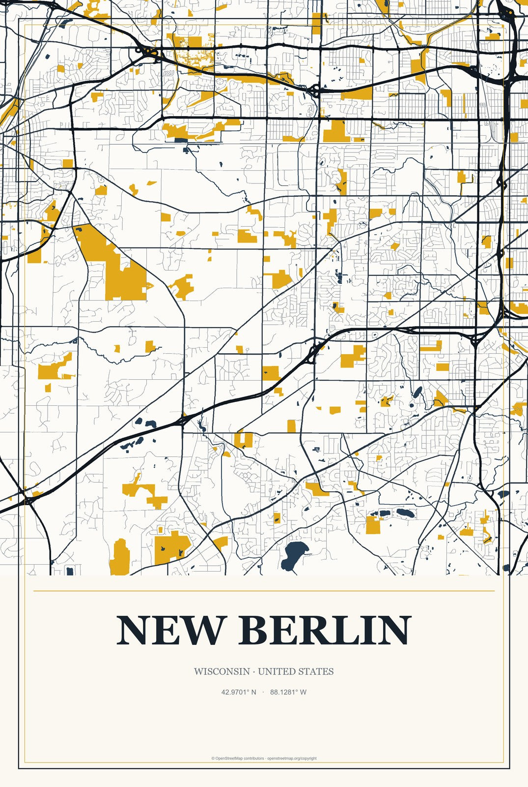 New Berlin, Wisconsin City Map Aluminum Sign in Citrine Modern style