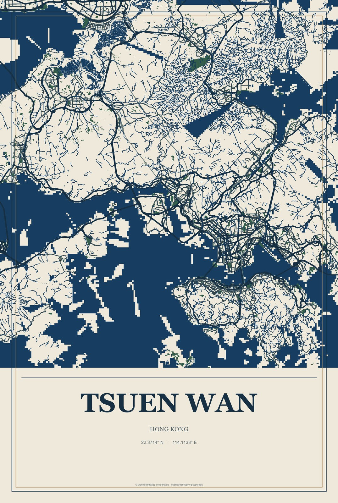Tsuen Wan, Hong Kong City Map Aluminum Sign in Coastal Cutout style