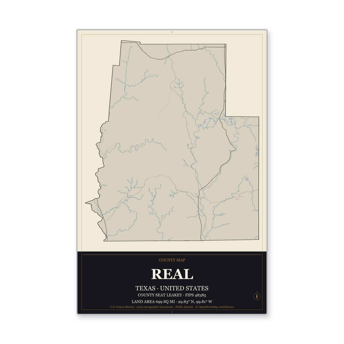 Real County, Texas Map Aluminum Sign in Museum Plaque style