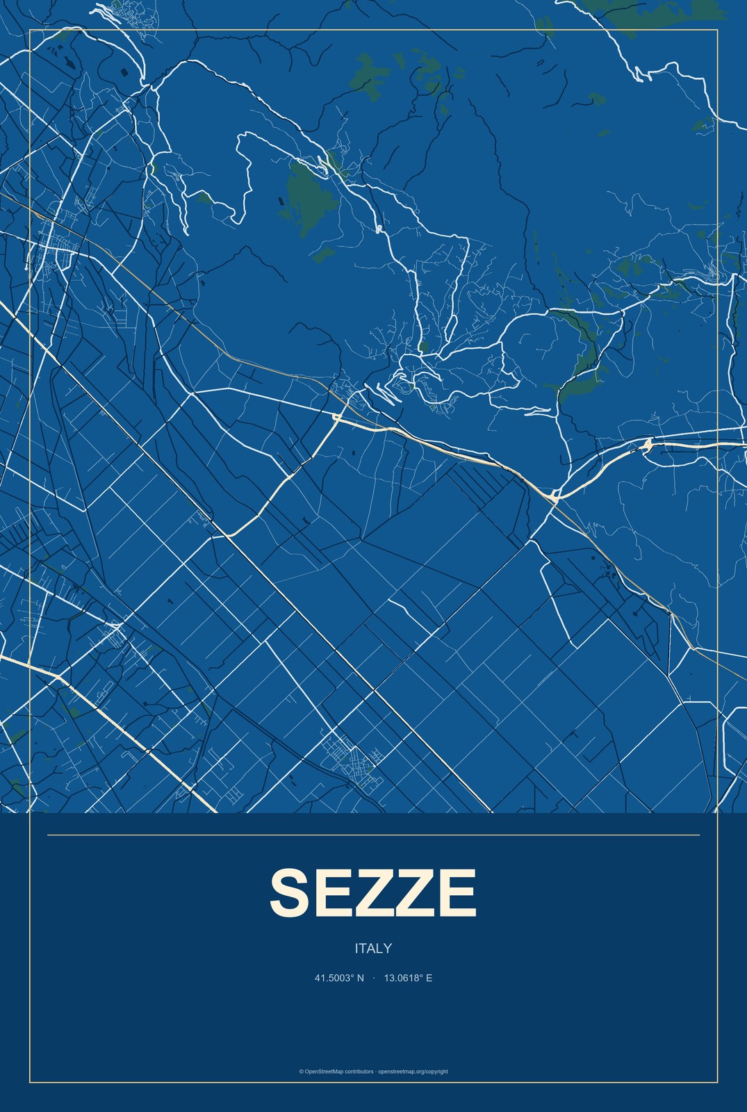 Sezze, Italy City Map Aluminum Sign in Harbor Cobalt style